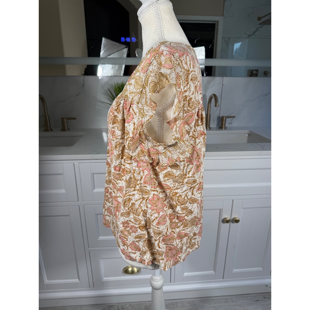 Lucky Brand Floral Top Womens Large Pink Tan Flutter Sleeve V Neck Boho - Picture 8 of 12